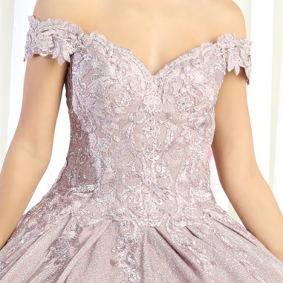 Lace applique beaded off the  shoulder long floor length lace up back ball gown - Picture 6 of 13